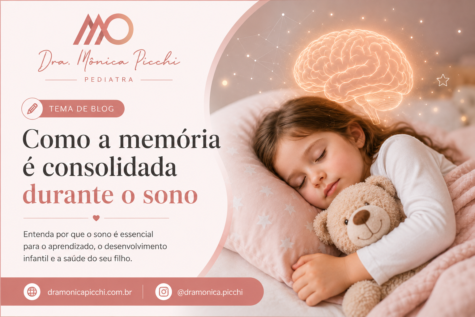 Criança dormindo tranquilamente com um ursinho, ilustrando como a memória é consolidada durante o sono infantil.